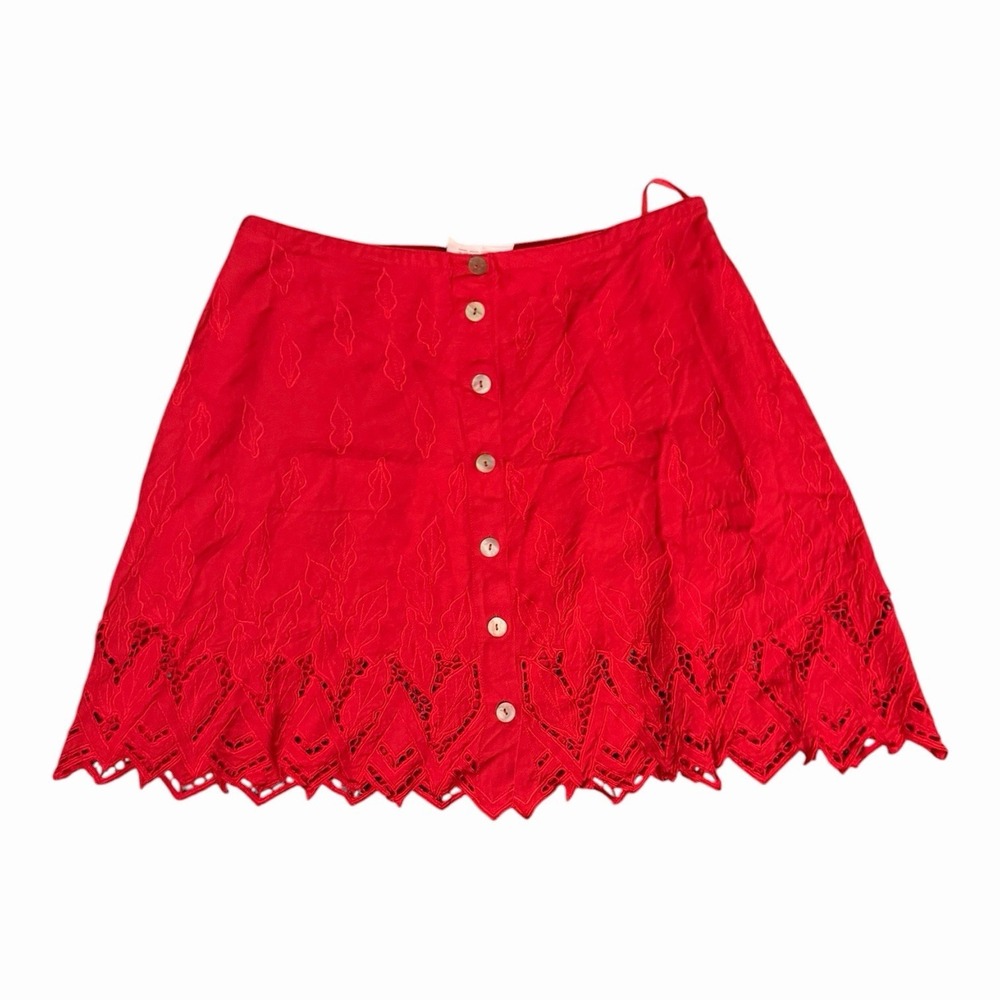 Serendipity Red Embroidered Eyelet Button Front Midi Skirt Women's Boho Festival
